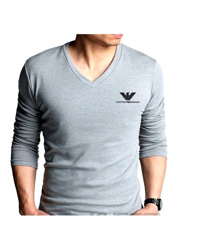 Armani Men's Long Sleeve V Neck Tee Shirt  Gray