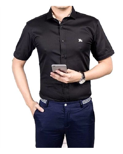 Burberry Men's  Short  Sleeve Check Inner Collar  Black