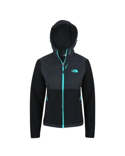 The North Face Women's Denali Hooded Fleece Jacket Black /Mint Logo Closeout
