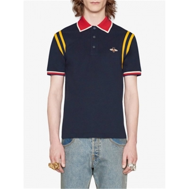 GUCCI Men's Stripe Sleeve Bee Polo Shirt  Navy