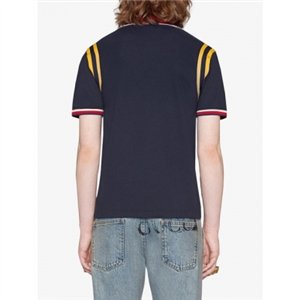 GUCCI Men's Stripe Sleeve Bee Polo Shirt  Navy