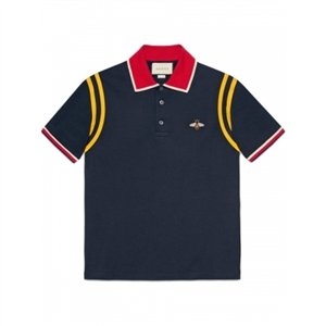 GUCCI Men's Stripe Sleeve Bee Polo Shirt  Navy