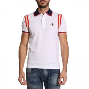 GUCCI Men's Stripe Sleeve Bee Polo Shirt  White