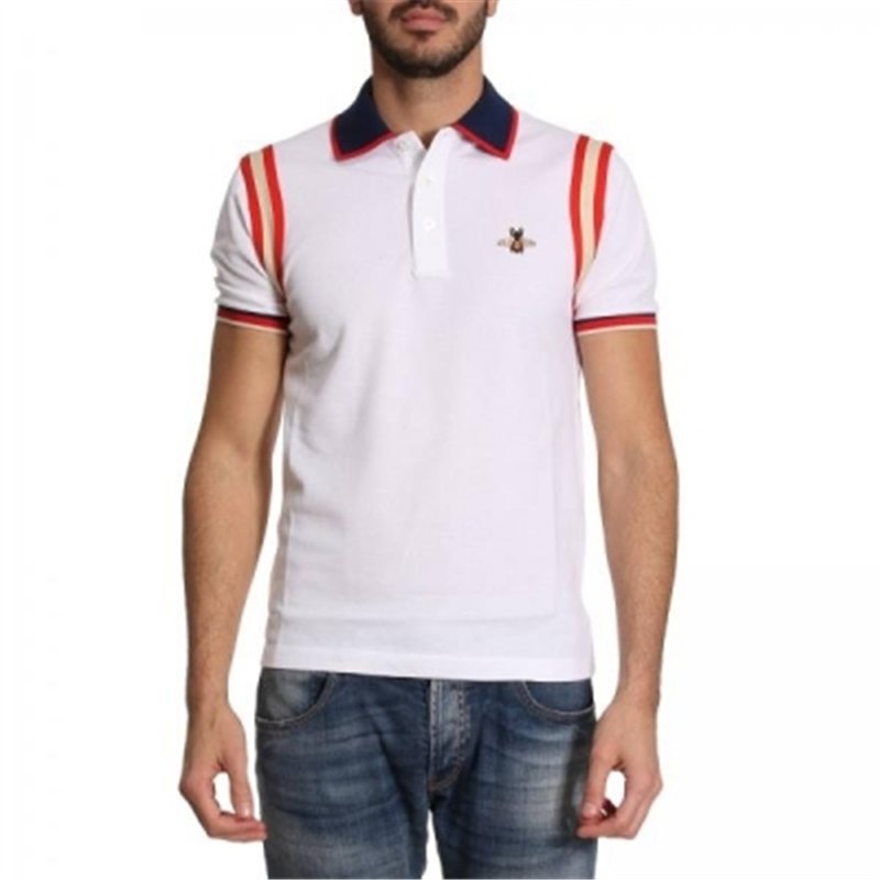 GUCCI Men's Stripe Sleeve Bee Polo Shirt  White