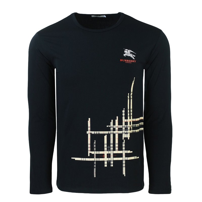 Burberry Men's  Black Crew Neck Long Sleeve   Check Graphic Cotton T-Shirt