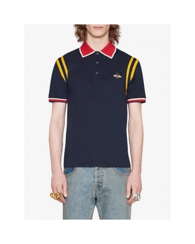 GUCCI Men's Stripe Sleeve Bee Polo Shirt  Navy