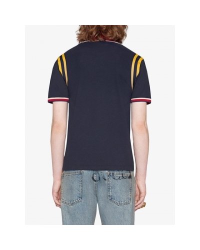 GUCCI Men's Stripe Sleeve Bee Polo Shirt  Navy