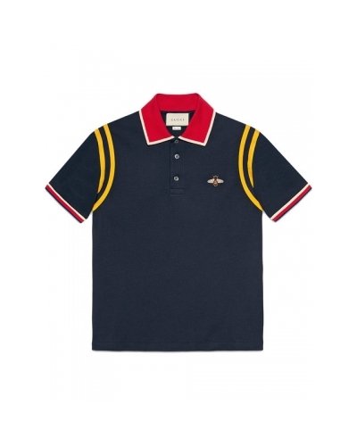 GUCCI Men's Stripe Sleeve Bee Polo Shirt  Navy