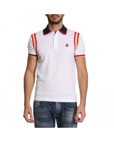 GUCCI Men's Stripe Sleeve Bee Polo Shirt  White