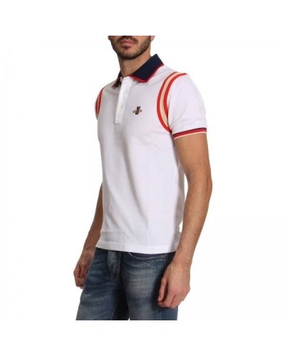 GUCCI Men's Stripe Sleeve Bee Polo Shirt  White