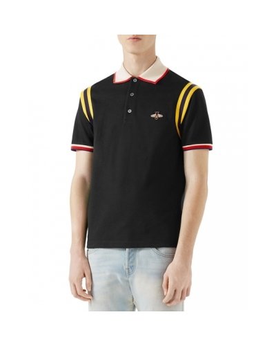 GUCCI Men's Stripe Sleeve Bee Polo Shirt Black