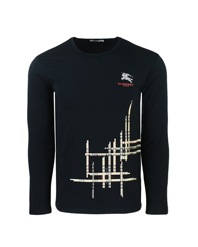 Burberry Men's  Black Crew Neck Long Sleeve   Check Graphic Cotton T-Shirt