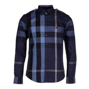Burberry Men's Cotton Exploded Check Button Down Shirt Navy