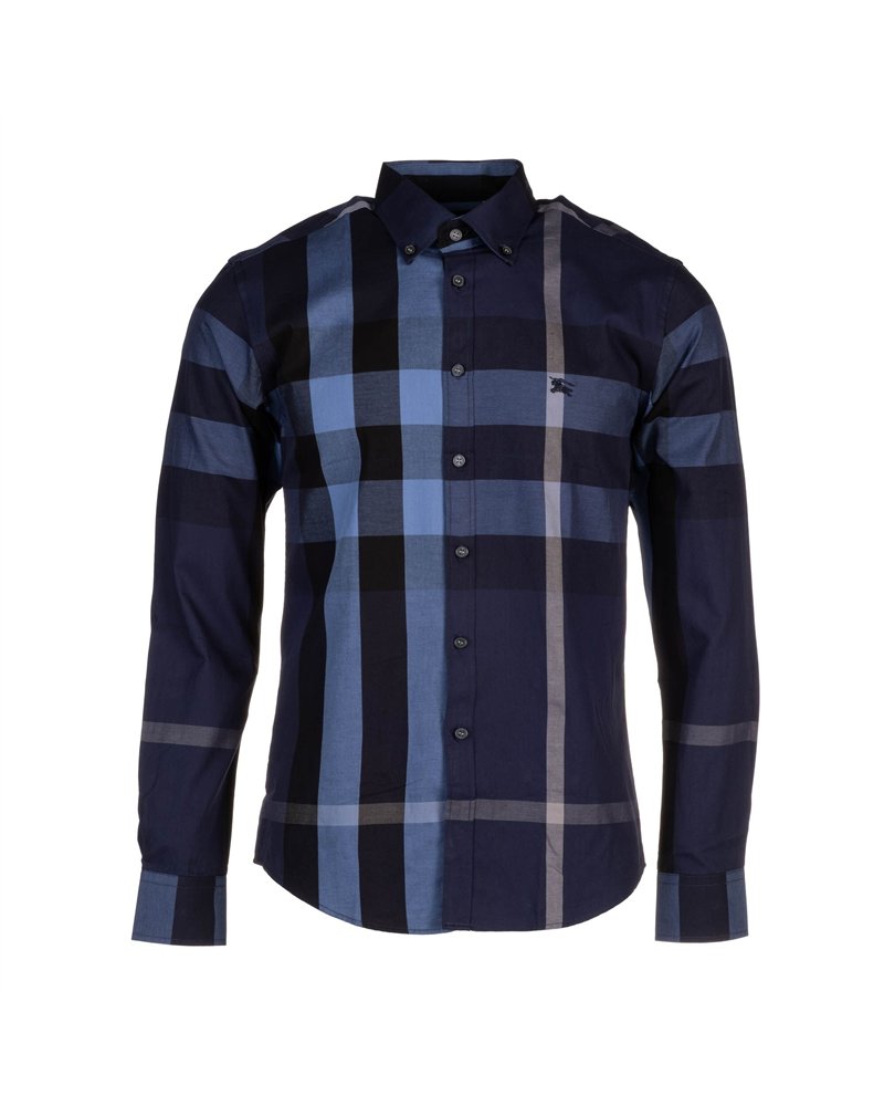 Burberry Men's Cotton Exploded Check Button Down Shirt Navy