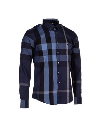 Burberry Men's Cotton Exploded Check Button Down Shirt Navy