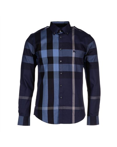 Burberry Men's Cotton Exploded Check Button Down Shirt Navy