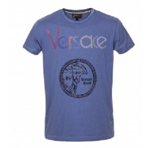 Versace Multi Color Embellished Medusa Logo T-Shirt-Blue