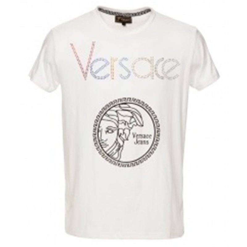 Versace Multi Color Embellished Medusa Logo T-Shirt White