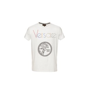Versace Multi Color Embellished Medusa Logo T-Shirt White