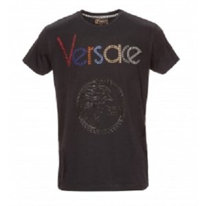 Versace Multi Color Embellished Medusa Logo T-Shirt-Black