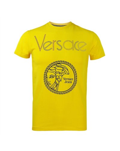 Versace Multi Color Embellished Medusa Logo T-Shirt Yelloiw