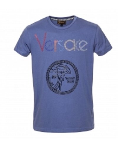 Versace Multi Color Embellished Medusa Logo T-Shirt-Blue