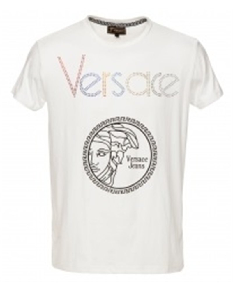 Versace Multi Color Embellished Medusa Logo T-Shirt White
