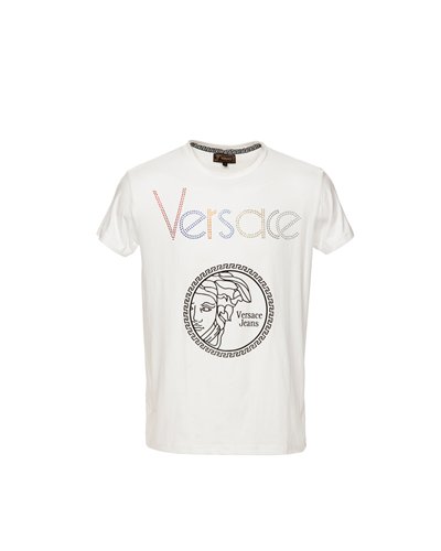 Versace Multi Color Embellished Medusa Logo T-Shirt White