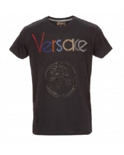 Versace Multi Color Embellished Medusa Logo T-Shirt-Black