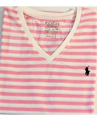 Ralph Lauren Men's Stripe V Neck T Shirt Pink/White