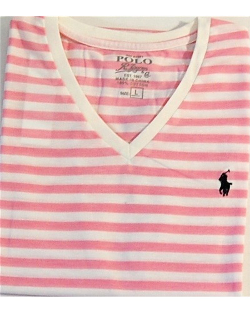 Ralph Lauren Men's Stripe V Neck T Shirt Pink/White