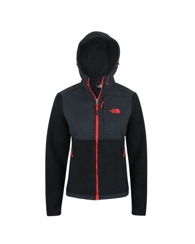 The North Face Women's Denali Hooded Fleece Jacket Black/Red Log Closeout