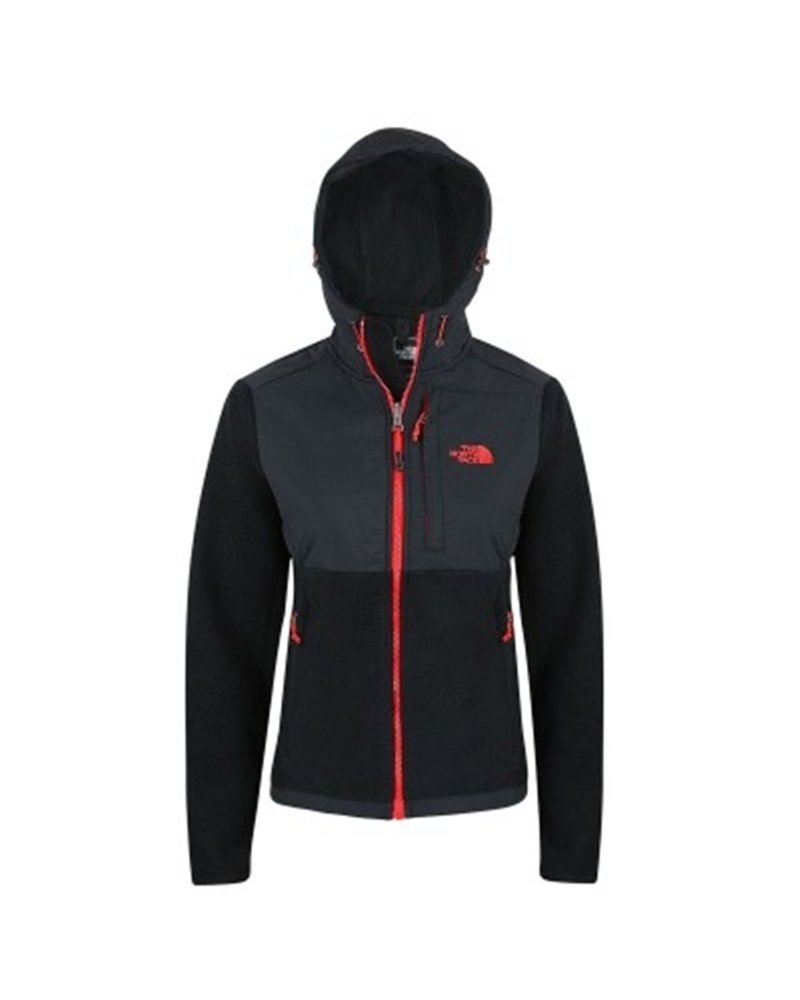 The North Face Women's Denali Hooded Fleece Jacket Black/Red Log Closeout