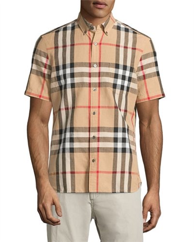 Burberry Men's Exploded Check Short-Sleeve Shirt, Camel