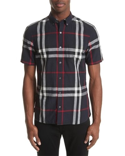 Burberry Men's Exploded Check Short-Sleeve Shirt Navy