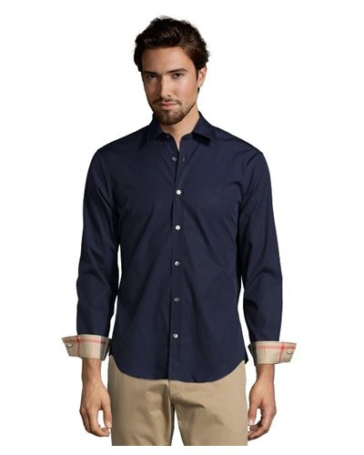 Burberry Britt Men's Long Sleeve  Check Inner Collar Navy