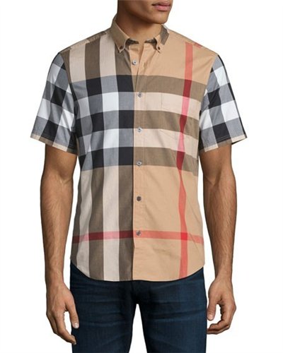 Burberry Men's Cotton  Check Button Down Short Sleeve Shirt