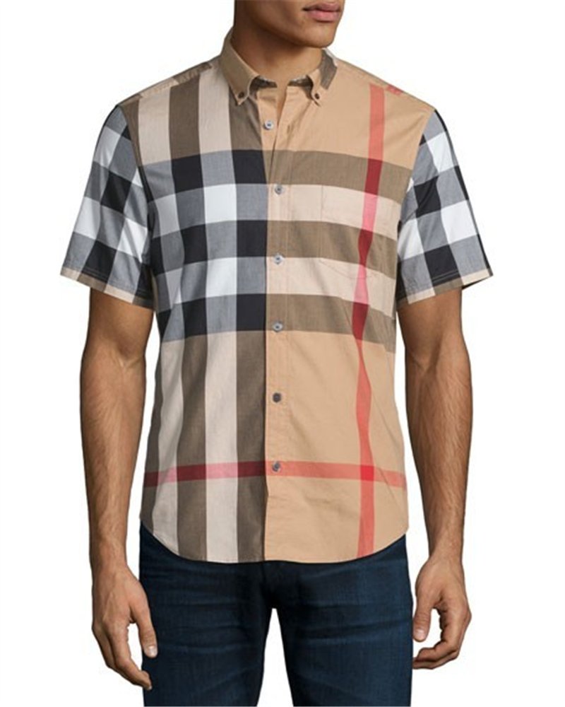 Burberry Men's Cotton  Check Button Down Short Sleeve Shirt