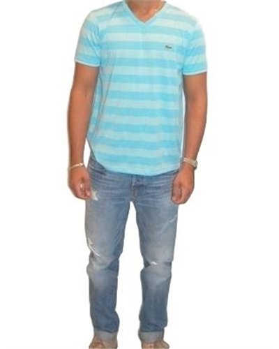 Lacoste Short Sleeve Pima Jersey V-Neck T-Stripe Shirt Turquoise
