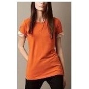 Check Cuff Stretch Cotton  T-Shirt  Pomegrante
