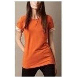 Check Cuff Stretch Cotton  T-Shirt  Pomegrante