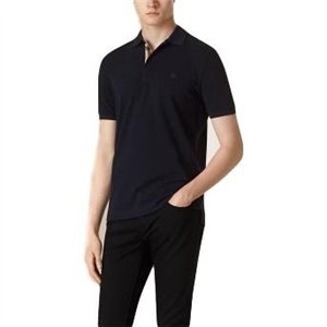 Burberry Check Placket Pique Cotton Polo Shirt Navy