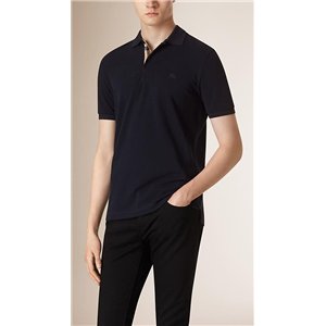 Burberry Check Placket Pique Cotton Polo Shirt Navy
