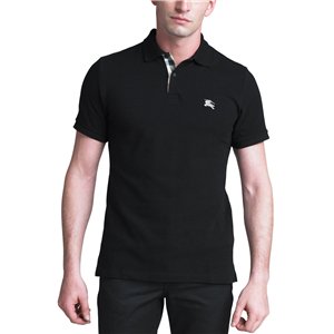 Burberry Check Placket Pique Cotton Polo Shirt Black