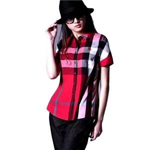 Burberry Women's Brit Tonal  Short Sleeve Check  Shirt Red