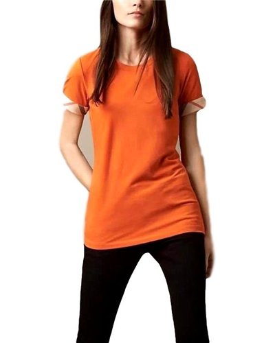 Check Cuff Stretch Cotton  T-Shirt