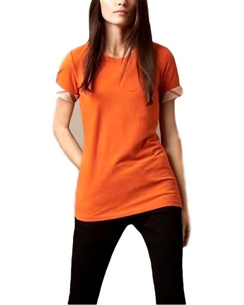 Check Cuff Stretch Cotton  T-Shirt