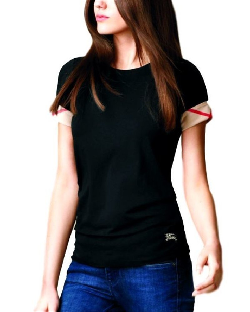 Check Cuff Stretch Cotton  T-Shirt
