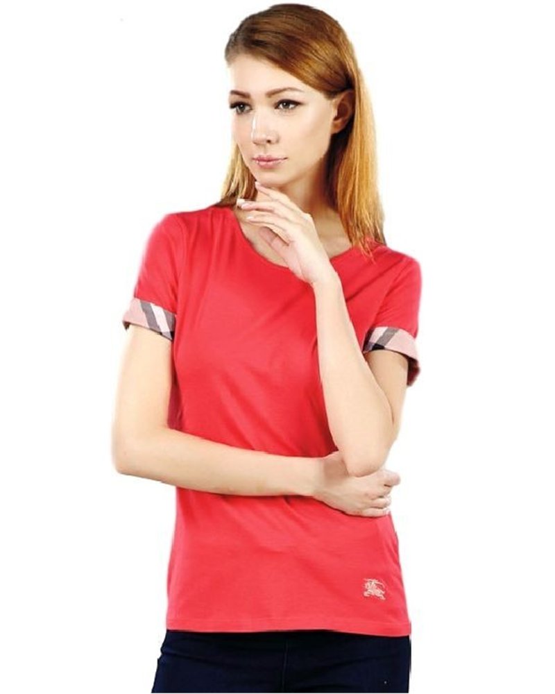 Check Cuff Stretch Cotton  T-Shirt