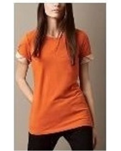 Check Cuff Stretch Cotton  T-Shirt  Pomegrante